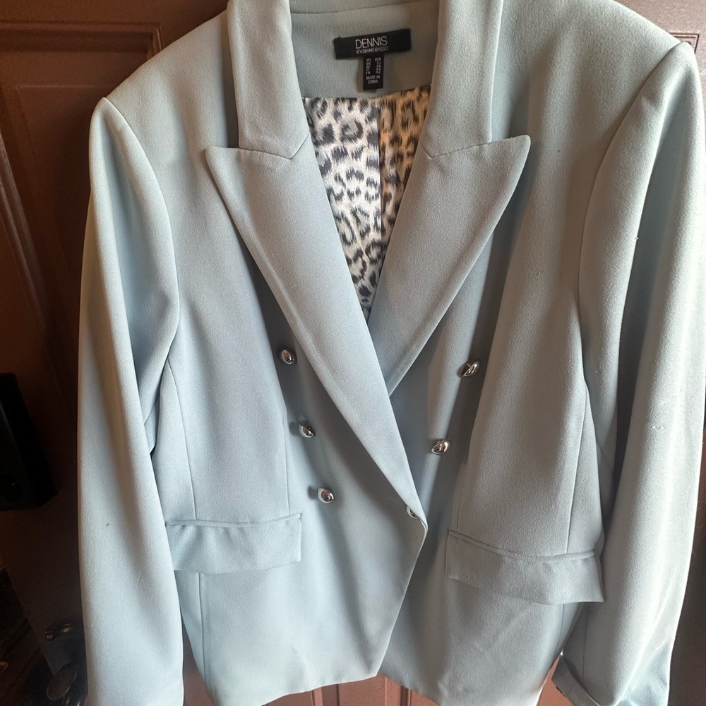 Dennis Basso Women's Light Blue Gray Blazer Leopard Print Lined